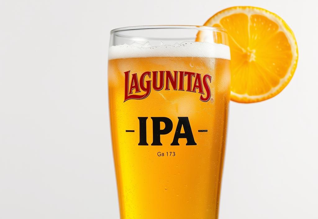 A glass of Lagunitas IPA beer with a slice of citrus