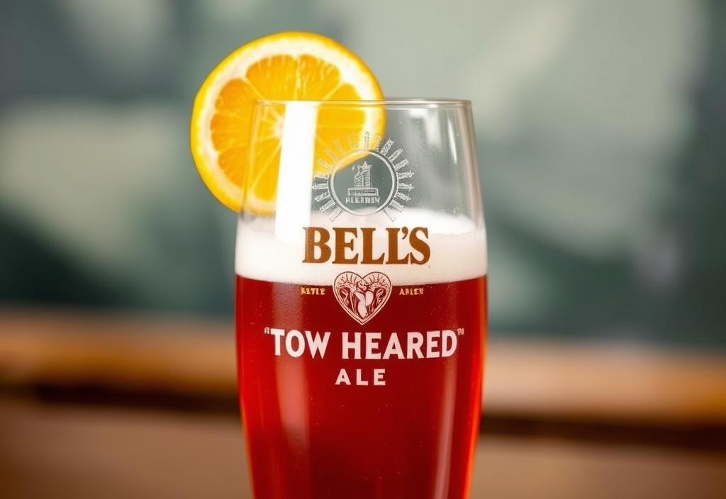 A glass of Bell's Two Hearted Ale beer with a slice of citrus