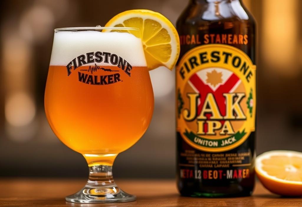 A glass of Firestone Walker Union Jack IPA beer with a slice of citrus