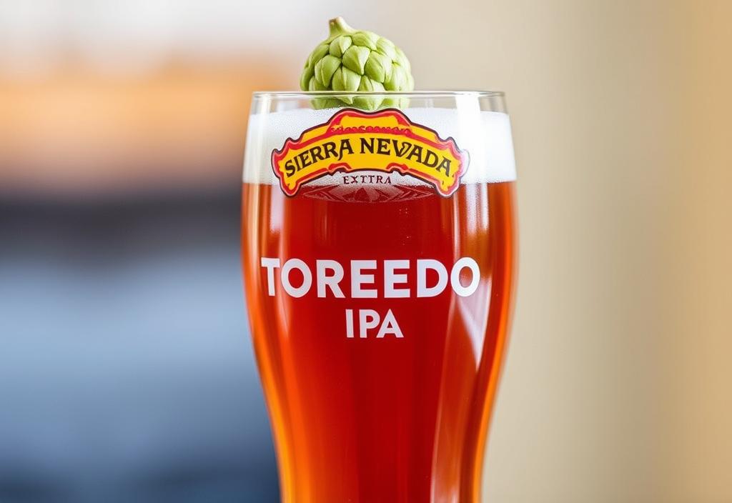 A glass of Sierra Nevada Torpedo Extra IPA beer with a hop cone garnish