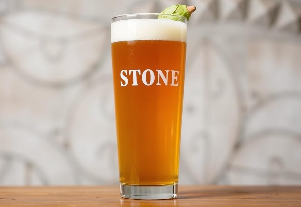 A glass of Stone Ruination IPA beer with a hop cone garnish