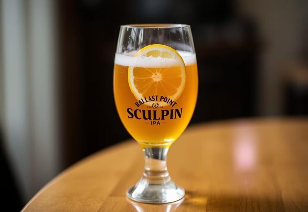 A glass of Ballast Point Sculpin IPA beer with a slice of citrus