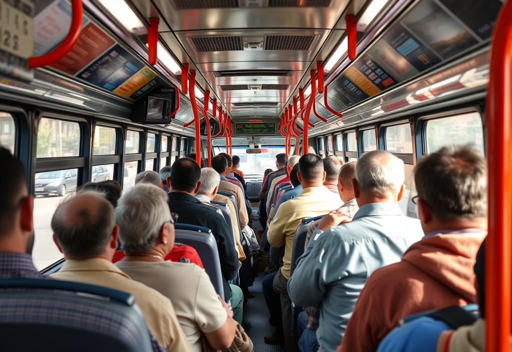 A crowded bus with people using public transportation