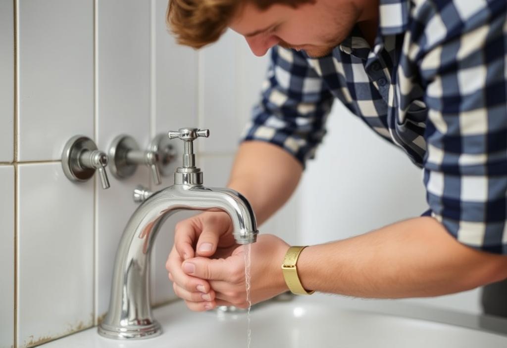 A person fixing a leaky faucet