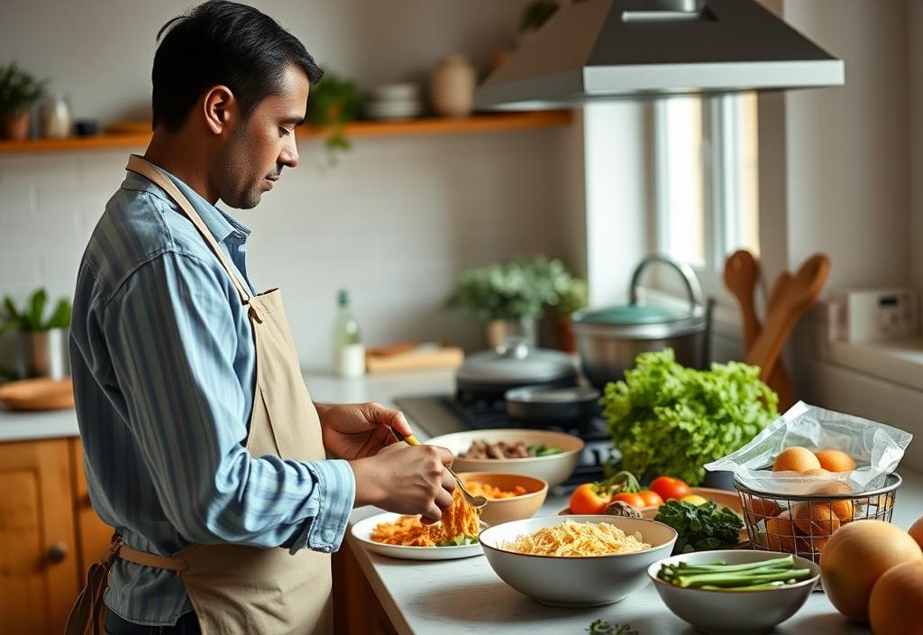 A person planning meals in a kitchen