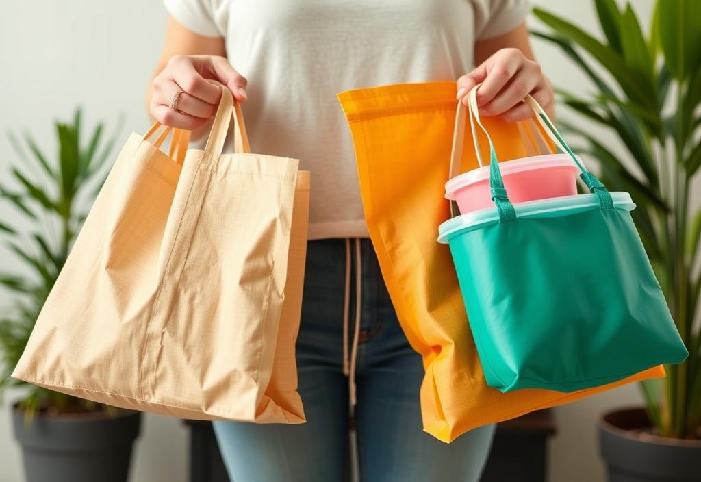 A person holding reusable bags and containers