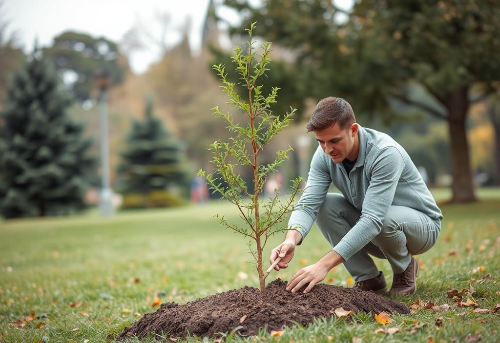 A person planting a tree in a park