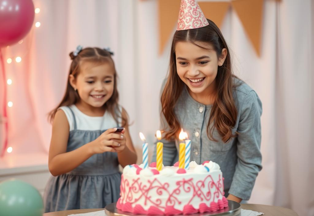 A daughter cutting a surprise birthday cake with a big smile