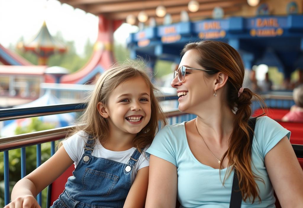 A daughter and mother enjoying a fun outing at a theme park