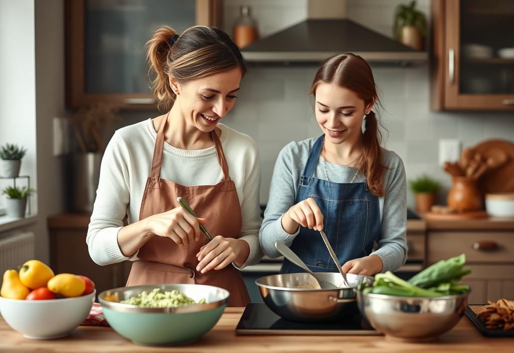 A mother and daughter cooking together in the kitchen