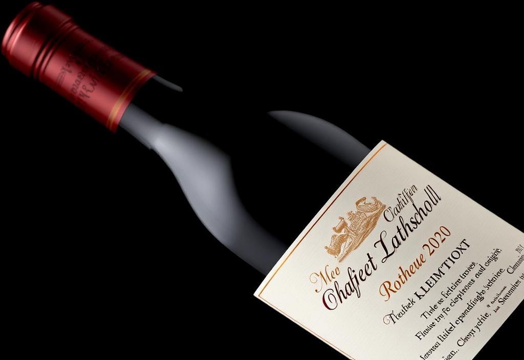 A bottle of Chateau Lafite Rothschild 2020 with a black background