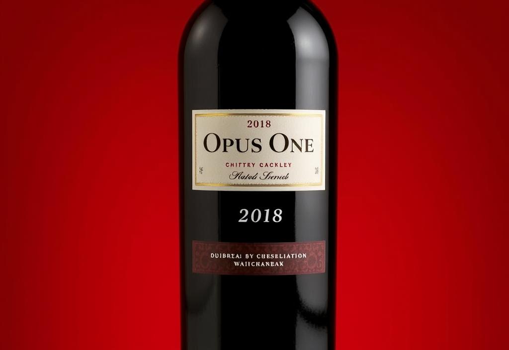 A bottle of Opus One 2018 with a red background