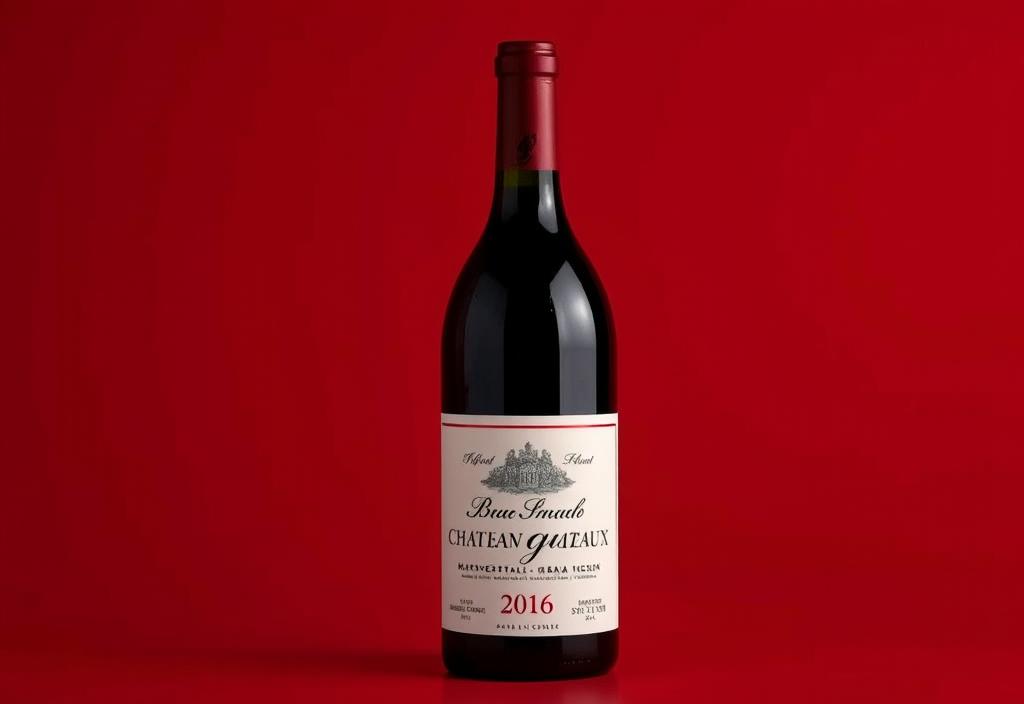 A bottle of Chateau Margaux 2016 with a red background