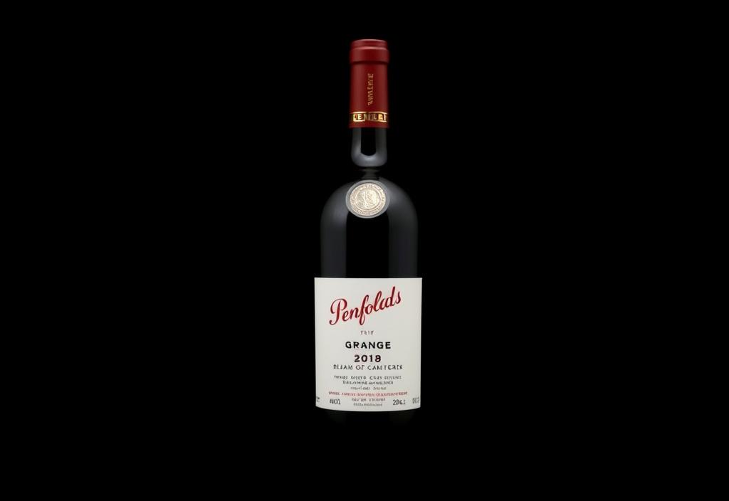 A bottle of Penfolds Grange 2018 with a black background