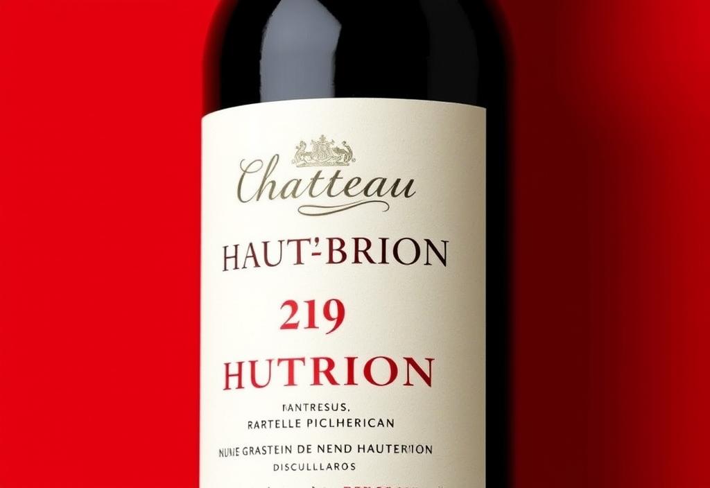 A bottle of Chateau Haut-Brion 2015 with a red background