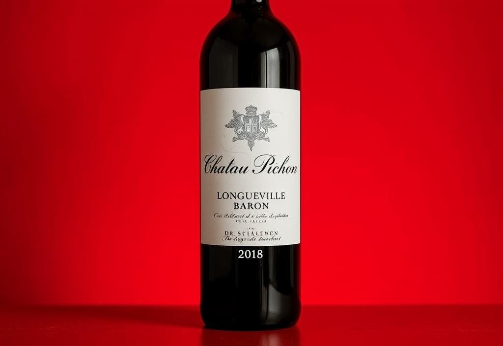 A bottle of Chateau Pichon Longueville Baron 2018 with a red background