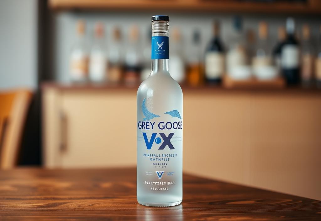 Grey Goose VX bottle on a wooden table