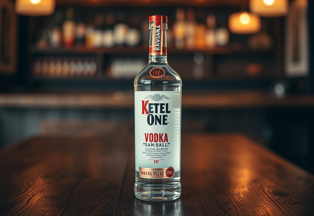 Ketel One Vodka bottle on a wooden table