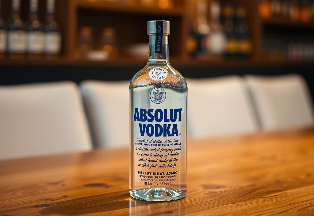 Absolut Vodka bottle on a wooden table