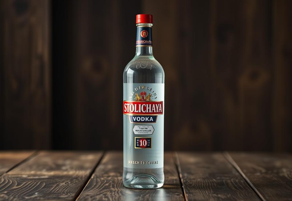 Stolichnaya Vodka bottle on a wooden table