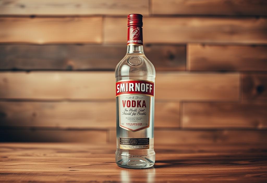 Smirnoff Vodka bottle on a wooden table