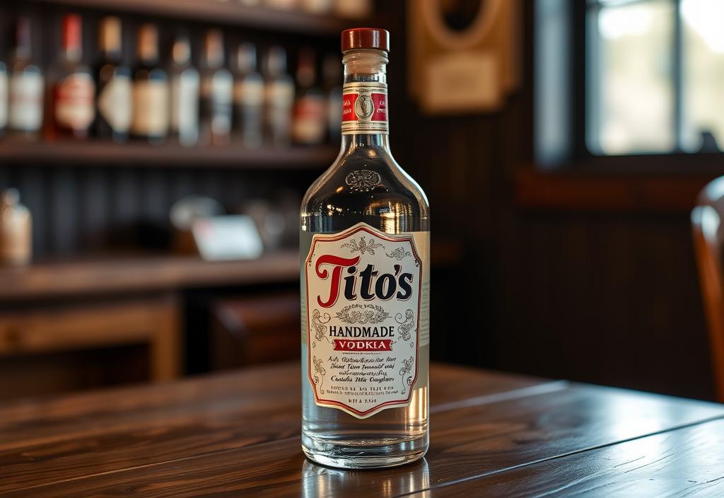 Tito's Handmade Vodka bottle on a wooden table