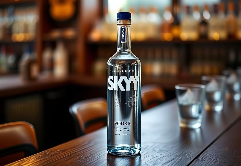 Skyy Vodka bottle on a wooden table