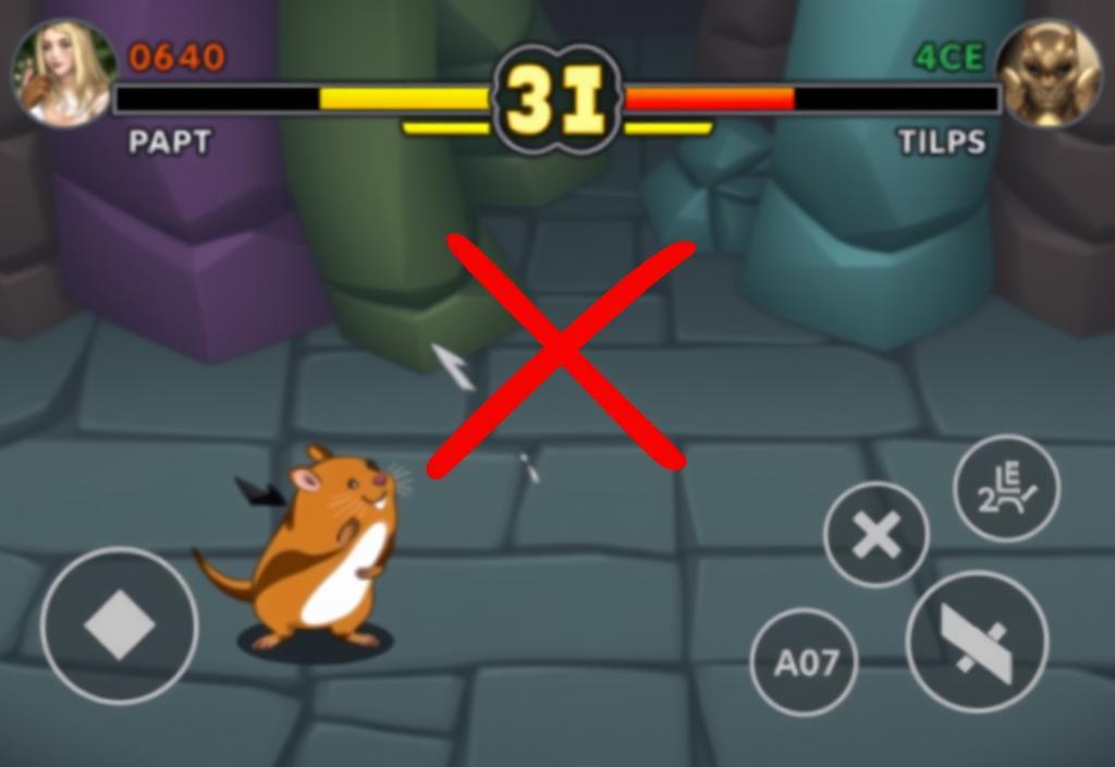 A screenshot of a hamster in a fighting game, with a red 'X' marking the opponent