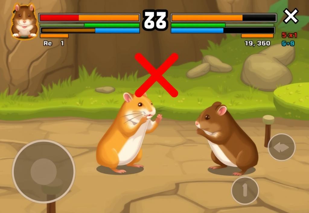 A screenshot of a hamster in a fighting game, with a red 'X' marking the opponent