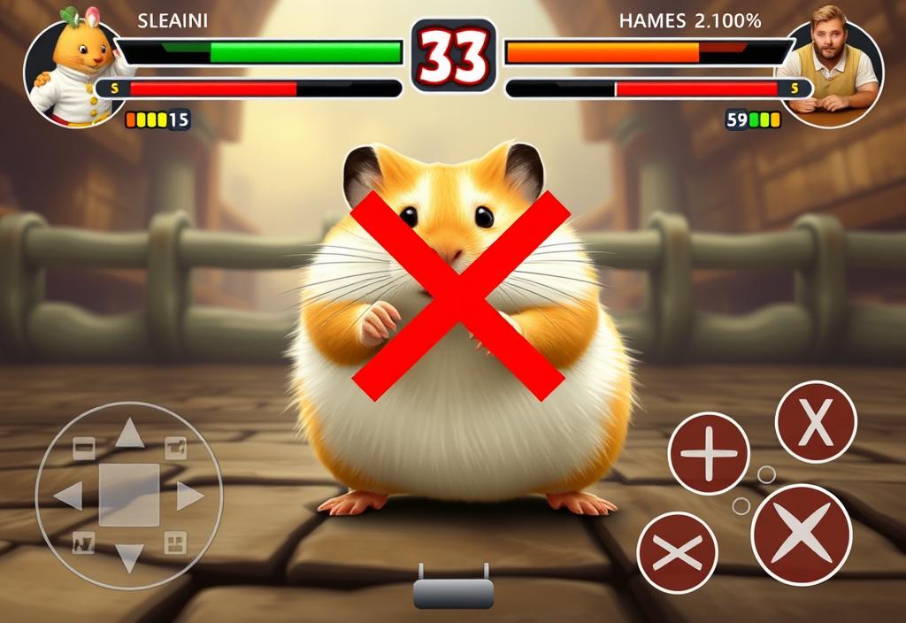 A screenshot of a hamster in a fighting game, with a red 'X' marking the opponent