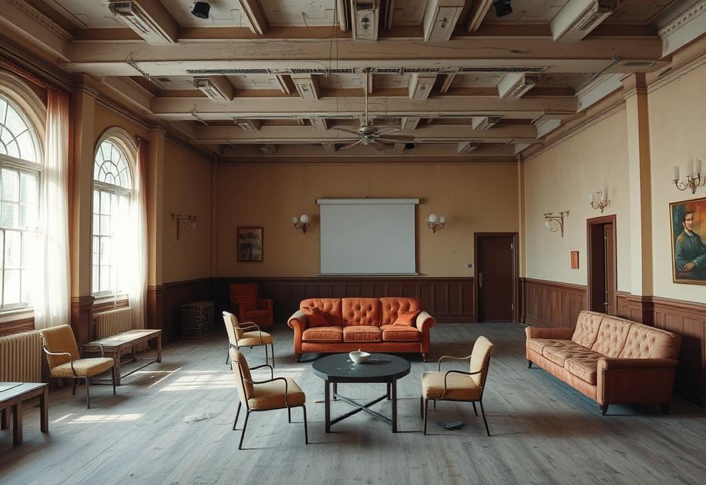 A photo of an outdated event space with worn-out furniture