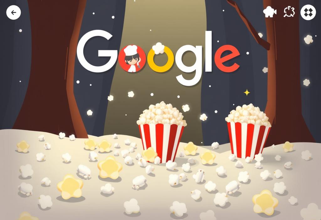 A screenshot of the Google doodle game featuring a popcorn-themed level