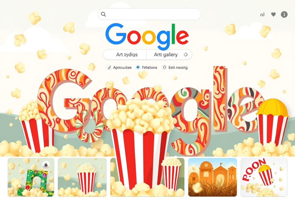 A screenshot of the Google doodle art gallery featuring colorful popcorn-themed artwork