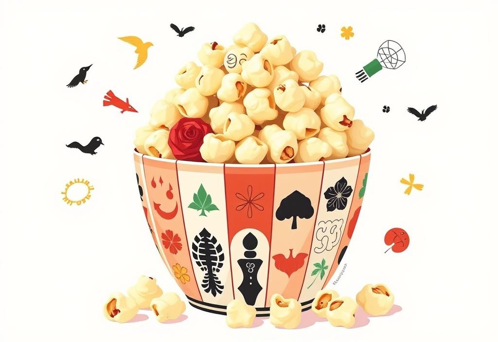 A cultural illustration of a bowl of popcorn with different cultural symbols and motifs