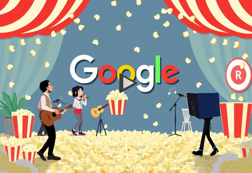 A screenshot of the Google doodle music video featuring a popcorn-themed music video