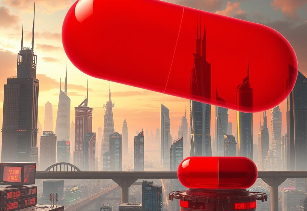 A futuristic cityscape with a red pill in the foreground