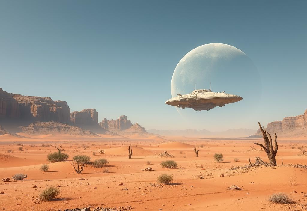 A desert landscape with a spaceship in the background