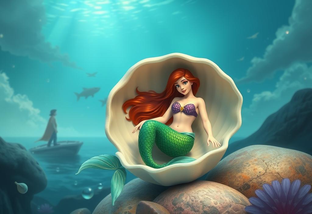 A mermaid in a seashell, with a prince in the background