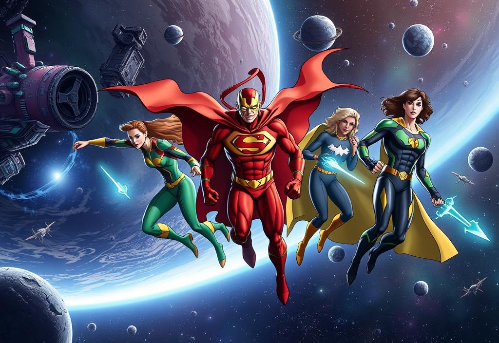 A group of superheroes in space