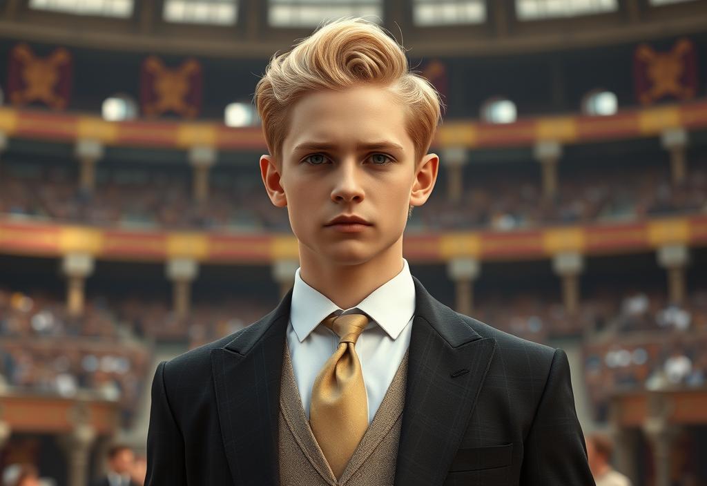 A young Coriolanus Snow in a suit, with a hunger games arena in the background