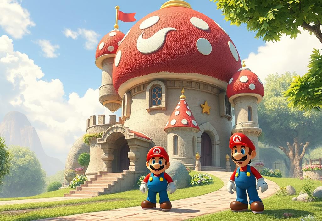 A mushroom-shaped castle with Mario and Luigi in the foreground