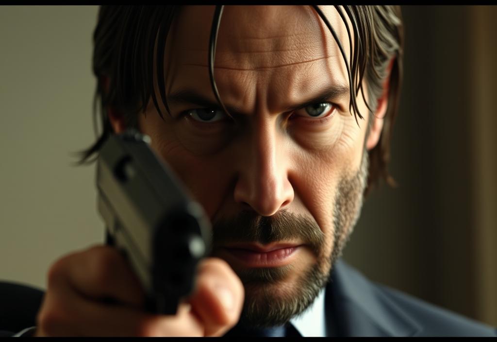 A close-up of John Wick's face, with a gun in his hand