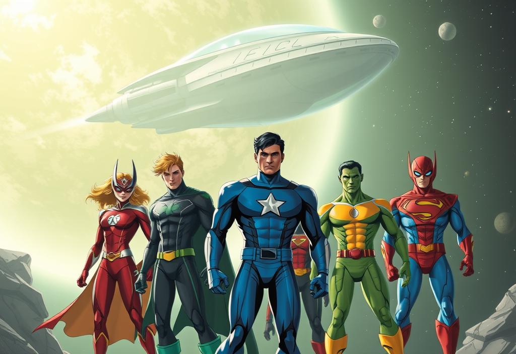 A group of superheroes in space, with a alien ship in the background