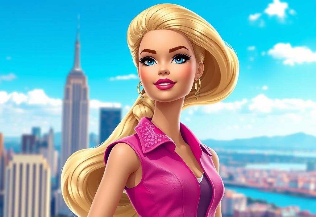 A portrait of Barbie, with a cityscape in the background