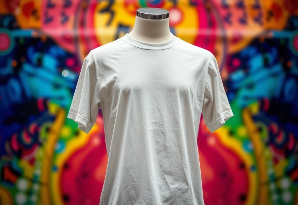 A graphic t-shirt on a mannequin with a colorful background