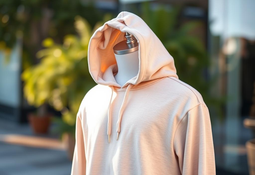 A hoodie on a mannequin with a relaxed background