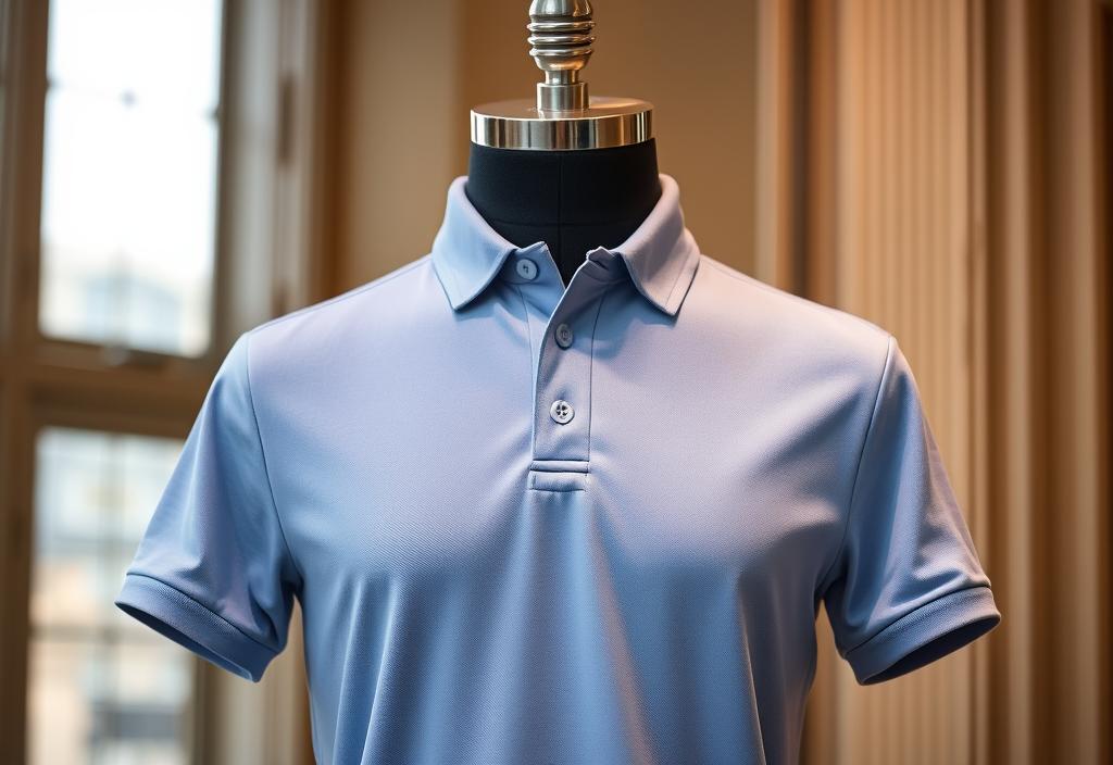 A polo shirt on a mannequin with a classic background