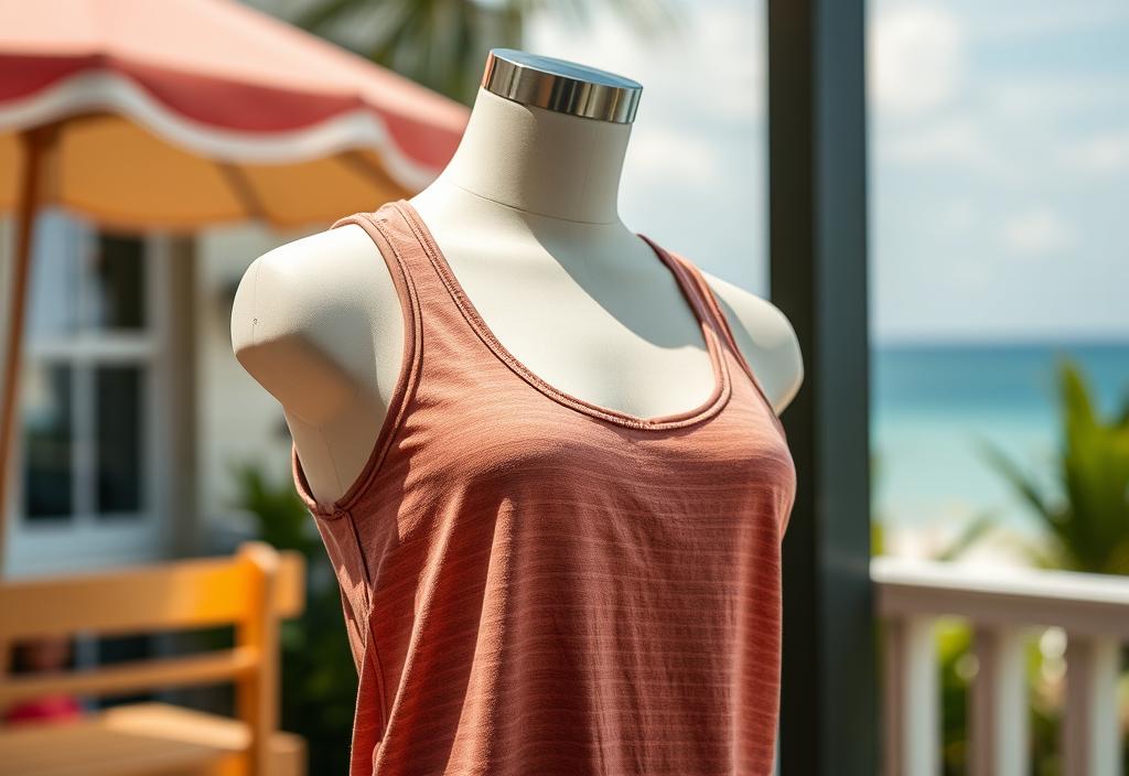 A tank top on a mannequin with a summer background