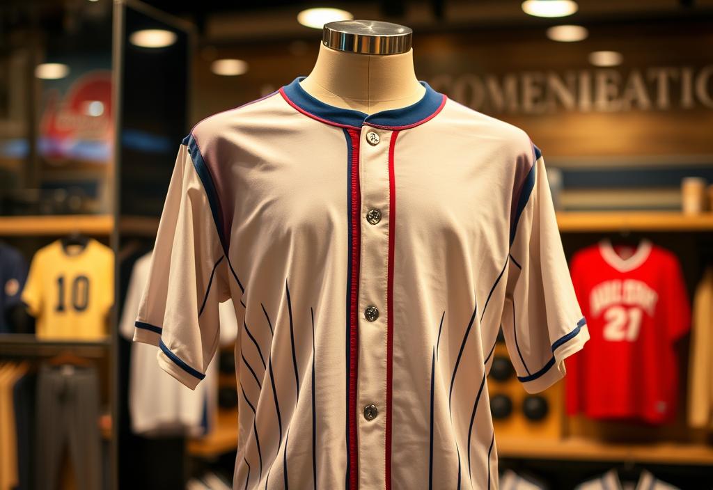 A baseball t-shirt on a mannequin with a sporty background