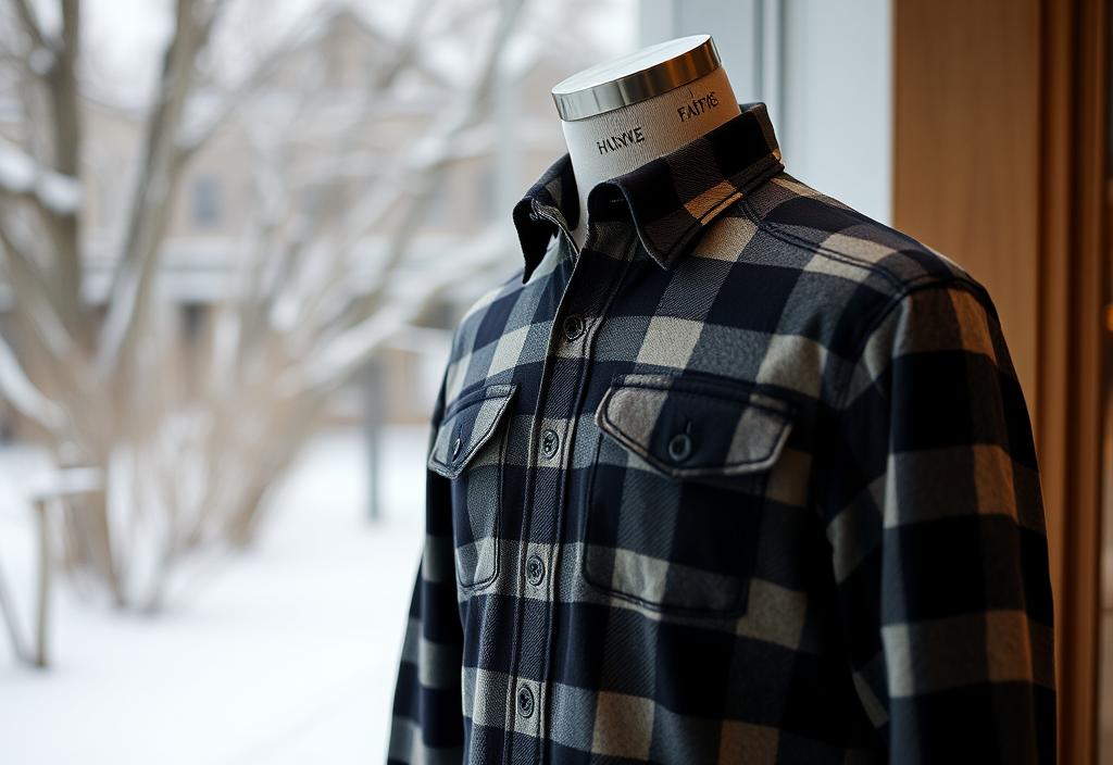 A flannel shirt on a mannequin with a winter background